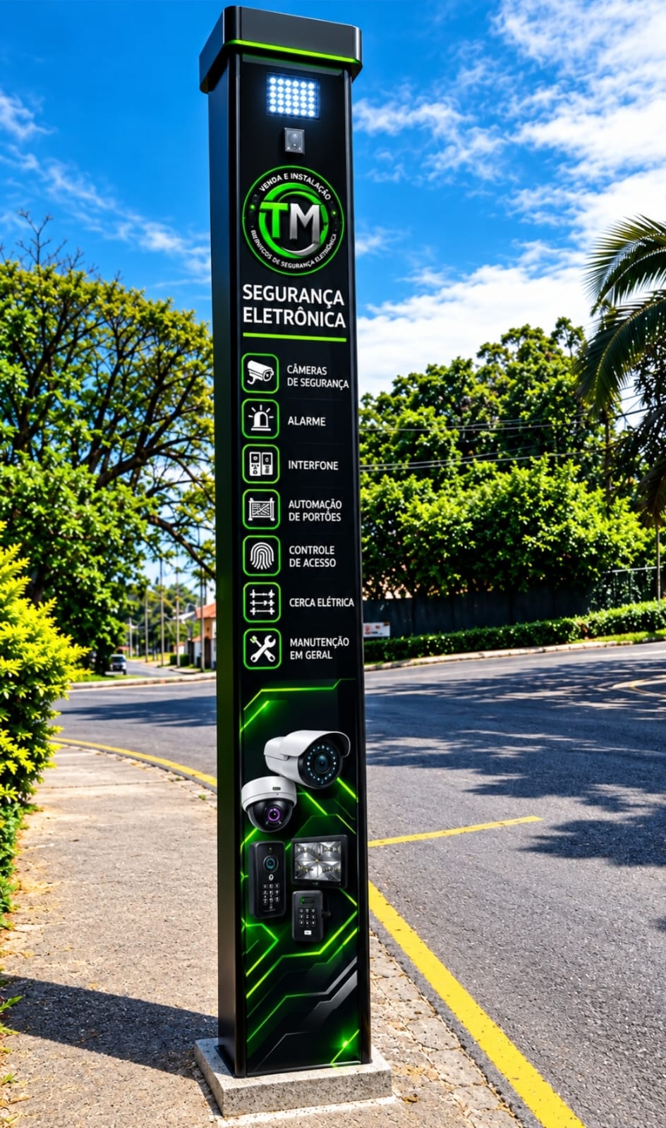 Poste com a identidade verde e preta da TM GRUPO e seus serviços de segurança eletrônica